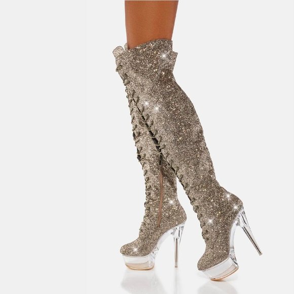Bulls Silver Glitter Lace Up OTK Platform High Heel Thigh Boot - Picture 17 of 17